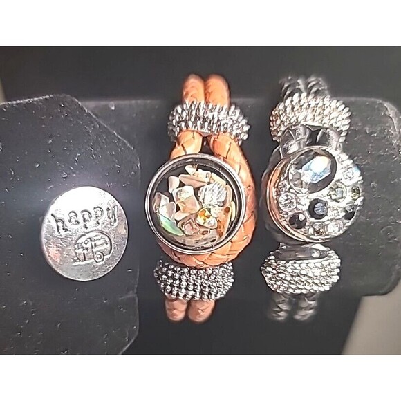 NWOT Lot Of 2 Leather Bracelets Interchangeable Snap Charm Stones Happy Camper - Picture 1 of 5